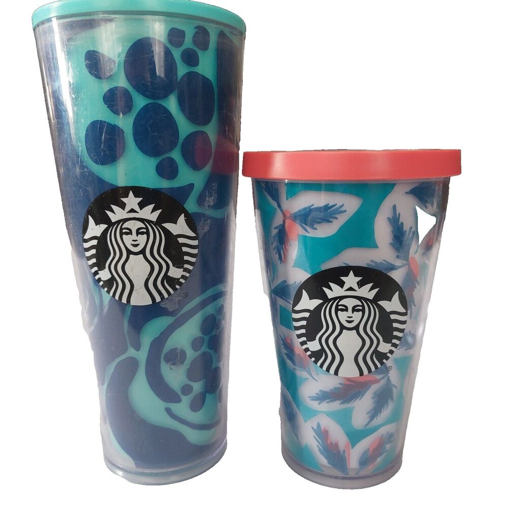 LOT 2 Starbucks Grande Blue Marble 24 oz Leaves Cold Cup Tumbler 16 oz No Straw